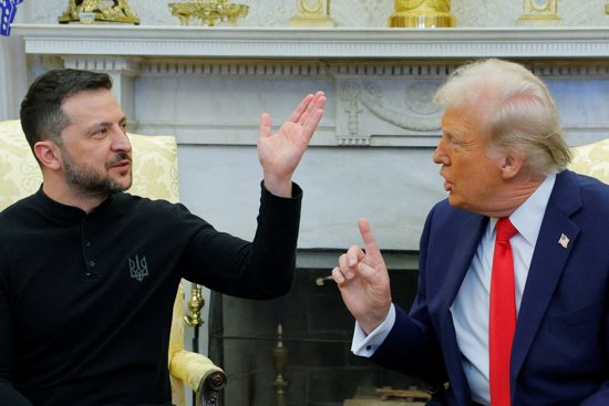 Ukrainian President Volodymyr Zelenskyy and U.S. President Donald Trump gesture as they meet at the White House in Washington Feb. 28, 2025. 