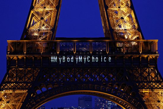 The Eiffel Tower lights up with the message "My Body My Choice" in Paris March 4, 2024, after French lawmakers enshrined the right to abortion in the country's constitution during a meeting of the Parliament in Versailles.