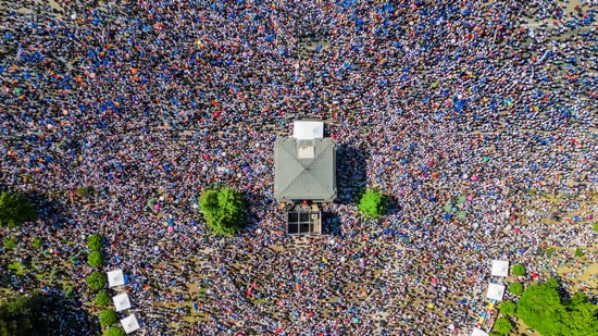 Crowd at a tower