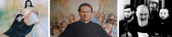 A combination photo shows images depicting Polish Sister St. Faustina Kowalska, St. John Bosco and children, and a photo of St. Padre Pio.