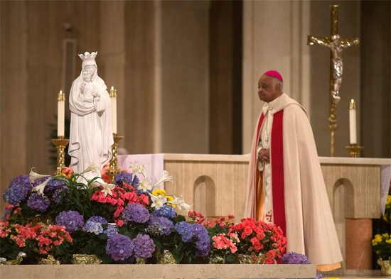 Then-Washington Archbishop Wilton D. Gregory leads a special liturgy in renewing the consecration of the U.S. to the care of our Blessed Mother at the Basilica of the National Shrine of the Immaculate Conception in Washington May 1, 2020, during the COVID-19 pandemic.