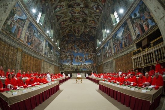 Cardinals from around the world pray in the Sistine Chapel at the Vatican March 12, 2013, before beginning the conclave to elect a successor to Pope Benedict XVI. The following day, on the fifth ballot, they elected Cardinal Jorge Mario Bergoglio of Buenos Aires, Argentina, who chose the name Francis.