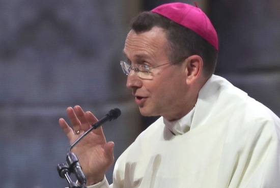 Bishop Andrew H. Cozzens of Crookston, Minn., chairman of the board of the National Eucharistic Congress Inc., announces on July 21, 2024 -- the final day of the National Eucharistic Congress at Lucas Oil Stadium in Indianapolis -- that a Eucharistic pilgrimage from Indianapolis to Los Angeles is planned for spring 2025. Route highlights were announced Oct. 15 for the 2025 National Eucharistic Pilgrimage along what is being called the "Drexel Route" May 18-June 22.
