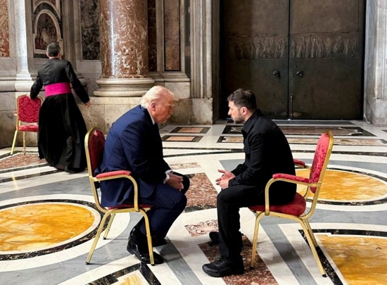 U.S. President Donald Trump and Ukrainian President Volodymyr Zelenskyy meet in St. Peter's Basilica ahead of the funeral of Pope Francis at the Vatican April 26, 2025.