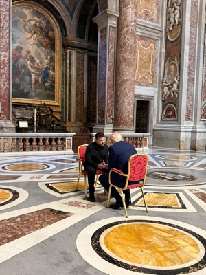 Ukrainian President Volodymyr Zelenskyy and U.S. President Donald Trump meet in St. Peter's Basilica ahead of the funeral of Pope Francis at the Vatican April 26, 2025.