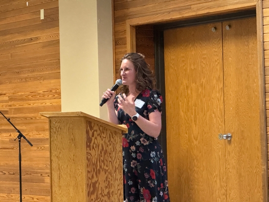 Mary Shaffer delivers her presentation at Holy Name. 
