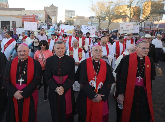Archbishop John C. Wester of Santa Fe, N.M., (right) takes part in a demonstration in El Paso, Texas, against mass deportation alongside Bishop Peter Baldacchino of Las Cruces, N.M.; Archbishop Gustavo García-Siller of San Antonio and Bishop Mark J. Seitz of El Paso. Archbishop Wester promulgated June 26, 2025, a letter by 40 leaders of several faiths, calling the budget bill before Congress a "moral failure" that should be opposed.