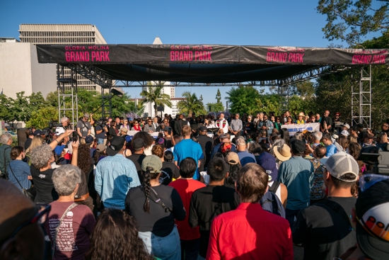 People attend an Interfaith & Community Prayer Vigil for Family Unity at Grand Park in downtown Los Angeles June 10, 2025, as protests against federal immigration sweeps continued.