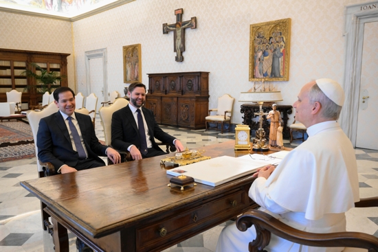 Pope Leo XIV meets with U.S. Vice President JD Vance and Secretary of State Marco Rubio in the library of the Apostolic Palace at the Vatican May 19, 2025.
