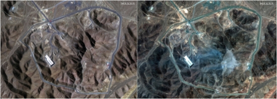 A combination picture shows satellite images over Fordo underground complex, before and after the U.S. struck the underground nuclear facility, near Qom, Iran, June 20, 2025 (L) and June 22, 2025.