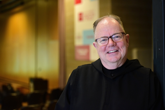 Brother Paul-Vincent Niebauer, who until his 2019 retirement was instrumental in building up the theater program at St. John's Preparatory School in Collegeville, Minn., is pictured May 5, 2025. The school announced the establishment of the Brother Paul-Vincent Niebauer, OSB, Endowed Chair in theater. The brother, who currently serves on the vocation team for the abbey and is media spokesman for the community, directed more than 50 productions over 25 years at the school.