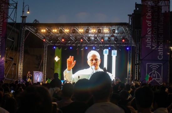 A band performs in front of an image of Pope Leo XIV displayed on a large screen during a festival in Risorgimento Square in Rome July 29, 2025, as part of the Jubilee of Digital Missionaries and Catholic Influencers.