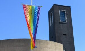 A large rainbow flag hangs in front of the Church of St. Theodore in Cologne, Germany, March 29, 2021. According to a survey released on Aug. 6, 2025, fewer than half of Germany's 27 Catholic dioceses have fully adopted guidelines for same-sex blessing issued in April, with some objecting that the guidelines far exceeded current church rules.
