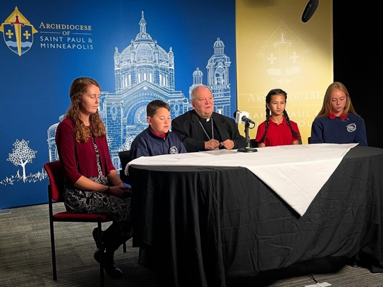 Archbishop Bernard prays a livestream rosary with a teacher and students from Holy Trinity Catholic School in South St. Paul.