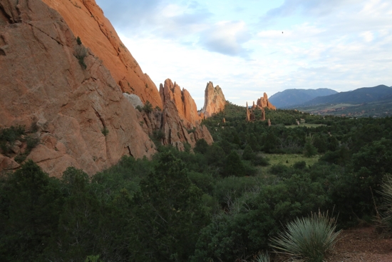 Late evening sun illuminates rock formations at the Garden of the Gods in Colorado Springs, Colo., July 23, 2020.