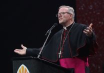 Bishop Robert E. Barron of Winona-Rochester, Minn., speaks during the July 20, 2024, revival night of the National Eucharistic Congress at Lucas Oil Stadium in Indianapolis.