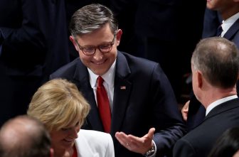 U.S. House Speaker Mike Johnson, R-La., speaks with other members of the House July 3, 2025, on Capitol Hill in Washington after final passage of U.S. President Donald Trump's sweeping spending and tax bill. (OSV News photo/Jonathan Ernst, Reuters)