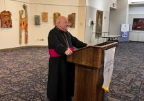 Archbishop Samir Nassar addresses about 50 Basilica of St. Mary parishioners and supporters of the Archdiocese of St. Paul and Minneapolis’ eight-year partnership with the Maronite Catholic Archeparchy of Damascus. The leader of the archeparchy spoke at the Basilica in Minneapolis June 26 as part of a weeklong visit to the archdiocese. COURTESY JANICE ANDERSEN  |  BASILICA OF ST. MARY