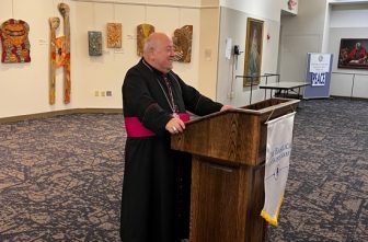 Archbishop Samir Nassar addresses about 50 Basilica of St. Mary parishioners and supporters of the Archdiocese of St. Paul and Minneapolis’ eight-year partnership with the Maronite Catholic Archeparchy of Damascus. The leader of the archeparchy spoke at the Basilica in Minneapolis June 26 as part of a weeklong visit to the archdiocese. COURTESY JANICE ANDERSEN  |  BASILICA OF ST. MARY