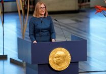 Natalia Pinchuk, representing her husband, the activist Ales Bialiatski from Belarus, gives her Nobel Prize lecture during the awarding of the Nobel Peace Prize for 2022 in Oslo City Hall in Oslo, Norway, Dec. 10, 2022.