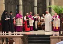 From left at an Aug. 28 interfaith prayer service in the wake of a Catholic church shooting in Minneapolis, are faith leaders Metropolitan Nathanael of the Greek Orthodox Metropolis of Chicago, Deacon Luke Twito of St. Mary’s Greek Orthodox Church in Minneapolis, Bishop Kevin Kenney, Bishop Michael Izen and Chorbishop Sharbel Maroun of St. Maron Maronite Catholic Church in Minneapolis. They joined Johan von Parys, the Basilica of St. Mary’s director of liturgy and the sacred arts, and Archbishop Bernard Hebda, and others at the Basilica in Minneapolis. JOE RUFF  |  THE CATHOLIC SPIRIT
