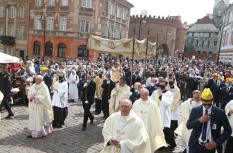 People take part in a Corpus Christi procession June 11, 2020, in Krakow, Poland. On June 19, 2025, cities, towns and villages held solemn Eucharistic processions, publicly professing belief in Christ's real presence in the Eucharist on the feast of Corpus Christ.