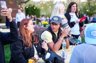 Samm Jones, left, and Ryan Satre, both 2016 graduates, reminisce May 3 at DeLaSalle High School’s 125th anniversary on-campus celebration on Nicollet Island in Minneapolis.