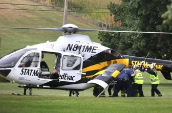 A police officer is loaded into a Medevac helicopter after a shooting incident in York County's North Codorus Township, Pa., Sept. 17, 2025. Three police officers were fatally shot and two wounded in southern Pennsylvania, and the shooter was killed by police, authorities said.