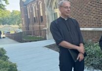 Father Dennis Zehren, pastor of Annunciation in Minneapolis, and Archbishop Bernard Hebda talk with the media at the parish school Aug. 30, before the first Mass for the parish since the Aug. 27 shooting at an all-school Mass at the now-desecrated church next door. JOE RUFF  |  THE CATHOLIC SPIRIT