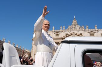 Pope Leo XIV greets people as he rides in the popemobile before celebrating Mass in St. Peter’s Square at the Vatican June 1, 2025, as part of the Jubilee of Families, Children, Grandparents and the Elderly.