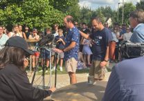 Jesse Merkel receives support as he talks Aug. 28 about his late son, Fletcher, in front of Annunciation church in Minneapolis. TOM HALDEN  |  OFFICE OF COMMUNICATIONS ARCHDIOCESE OF ST. PAUL AND MINNEAPOLIS