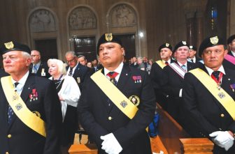 Members of the Knights of Columbus honor guard stand at attention during an Aug. 5, 2025, Mass celebrated at the Basilica of the National Shrine of the Immaculate Conception in Washington to open the fraternal organization's 143rd Supreme Convention.