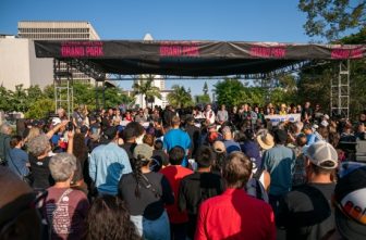 People attend an Interfaith & Community Prayer Vigil for Family Unity at Grand Park in downtown Los Angeles June 10, 2025, as protests against federal immigration sweeps continued.