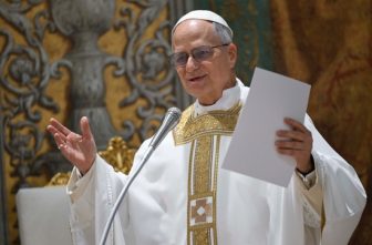Pope Leo XIV gives his homily while celebrating his first Mass as pope with the cardinals who elected him in the Sistine Chapel at the Vatican May 9, 2025.