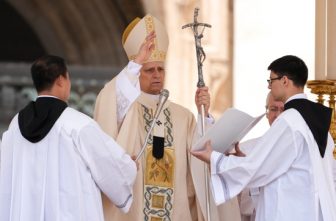Pope Leo XIV gives his blessing at the conclusion of his inauguration Mass in St. Peter's Square at the Vatican May 18, 2025. CNS photo/Lola Gomez