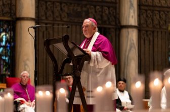 Archbishop Bernard A. Hebda speaks during an interfaith prayer service for the Annunciation Catholic community, following a shooting at Annunciation Catholic Church on Wednesday, at the Basilica of St. Mary in Minneapolis, Aug. 28, 2025.