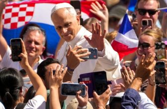 Pope Leo XIV greets pilgrims from the popemobile after celebrating the canonization Mass for Sts. Carlo Acutis and Pier Giorgio Frassati in St. Peter’s Square at the Vatican Sept. 7, 2025.
