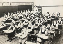 This photo shows the second-grade class of Robert Prevost, now Pope Leo XIV, at St. Mary of the Assumption School in Riverdale, Ill., in 1962. He is the fourth boy standing next to the blackboard. The Sisters of Christian Charity taught the future pope at the school.