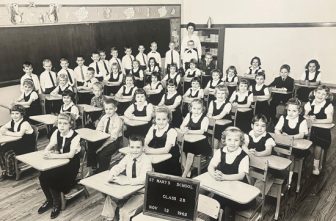 This photo shows the second-grade class of Robert Prevost, now Pope Leo XIV, at St. Mary of the Assumption School in Riverdale, Ill., in 1962. He is the fourth boy standing next to the blackboard. The Sisters of Christian Charity taught the future pope at the school.