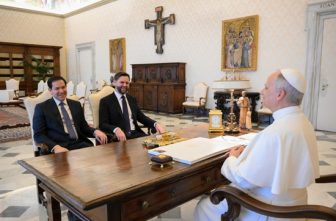 Pope Leo XIV meets with U.S. Vice President JD Vance and Secretary of State Marco Rubio in the library of the Apostolic Palace at the Vatican May 19, 2025.