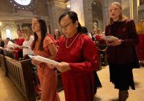 From left, lectors Naomi Hasegawa, Julie Le and Marzena Laugen join the processional for the Extended Vigil Mass of Pentecost at the Cathedral of St. Paul in St. Paul June 7.  DAVE HRBACEK  |  THE CATHOLIC SPIRIT