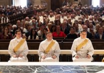 From left, Deacons Randy Skeate, Zachary Ochsenbauer, Alexander Marquette, Benjamin Eichten and Stephen Boatwright listen to Archbishop Hebda during the homily just before their ordination to the priesthood May 31 at the Cathedral of St. Paul in St. Paul.  DAVE HRBACEK  |  THE CATHOLIC SPIRIT