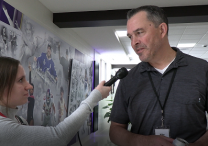 From left, Practicing Catholic producer Rachael McCallum interviews Mike Weibel, parishioner of St. Patrick in Edina