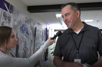 From left, Practicing Catholic producer Rachael McCallum interviews Mike Weibel, parishioner of St. Patrick in Edina