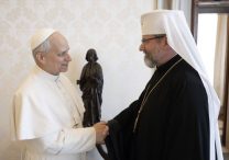 Pope Leo XIV greets Major Archbishop Sviatoslav Shevchuk of Kyiv-Halych, head of the Ukrainian Greek Catholic Church, in the library of the Apostolic Palace at the Vatican May 15, 2025.