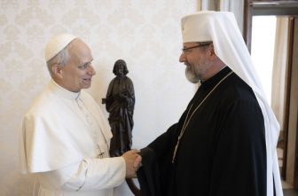 Pope Leo XIV greets Major Archbishop Sviatoslav Shevchuk of Kyiv-Halych, head of the Ukrainian Greek Catholic Church, in the library of the Apostolic Palace at the Vatican May 15, 2025.