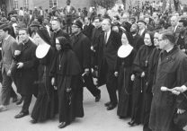 Sister Mary Antona Ebo, a Franciscan Sister of Mary, is pictured in the front row at the center with her superior, Sister Eugene Marie Smith, as they march in Selma, Ala., March 10, 1965, to support voting rights for Blacks.