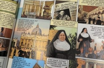 Pages of the graphic novel, Catholics in the Northland, The History of the Archdiocese of Saint Paul and Minneapolis.