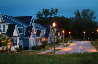 Streetlight on a dusk in a neighborhood